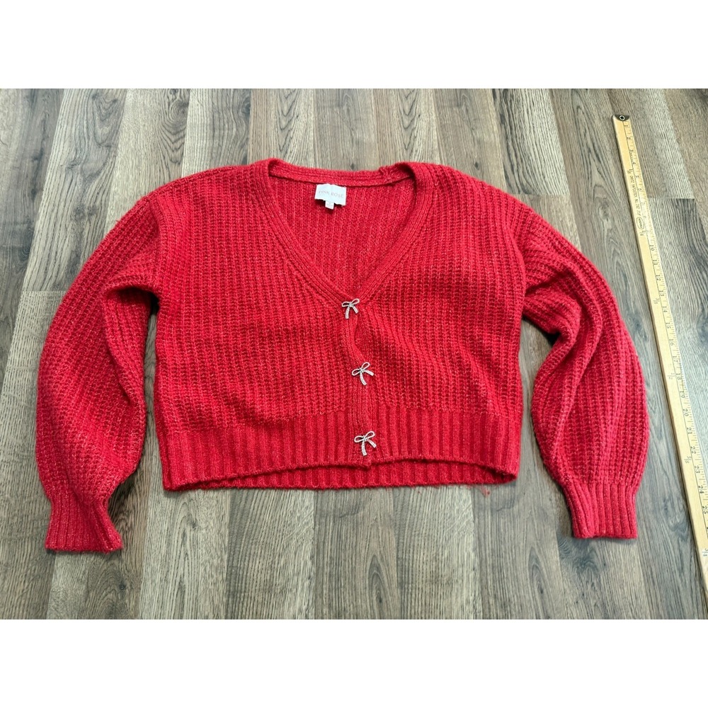 Pink Rose Sweater Women's Size Medium Red Button Up Buttons Bows Cardigan